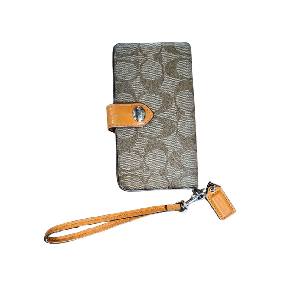 COACH Signature C Monogram Medium Flap Wristlet Wallet Khaki Tan Leather